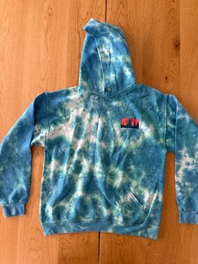 Tie-Dye Blue Green Hooded Sweatshirt with Small Front Logo